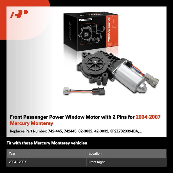 Front Passenger Power Window Motor with 2 Pins for 2004-2007 Mercury Monterey