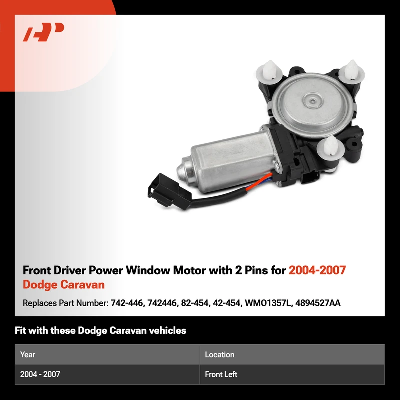 Front Driver Power Window Motor with 2 Pins for 2004-2007 Dodge Caravan