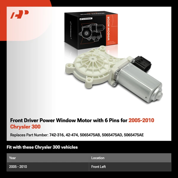 Front Driver Power Window Motor with 6 Pins for 2005-2010 Chrysler 300