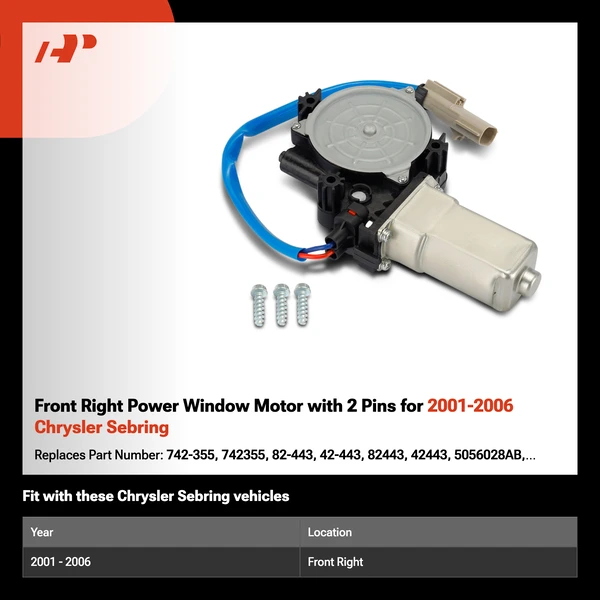Front Right Power Window Motor with 2 Pins for 2001-2006 Chrysler Sebring