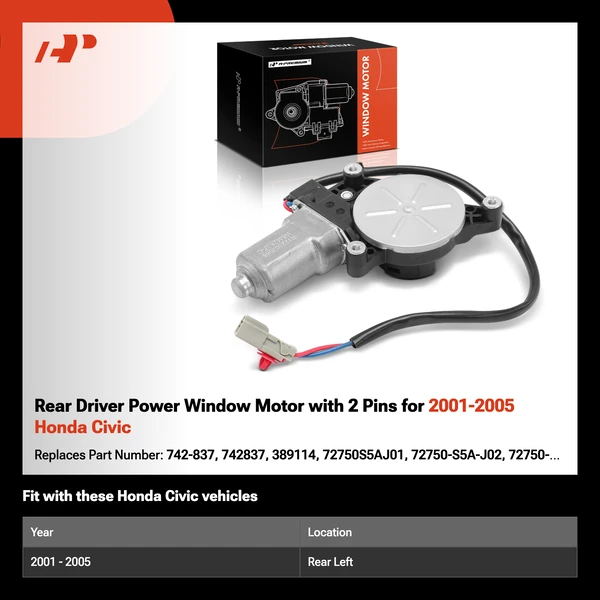 Rear Driver Power Window Motor with 2 Pins for 2001-2005 Honda Civic