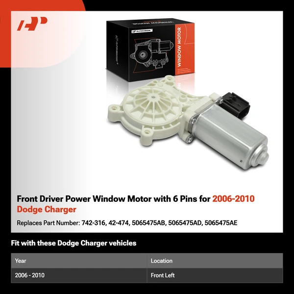 Front Driver Power Window Motor with 6 Pins for 2006-2010 Dodge Charger