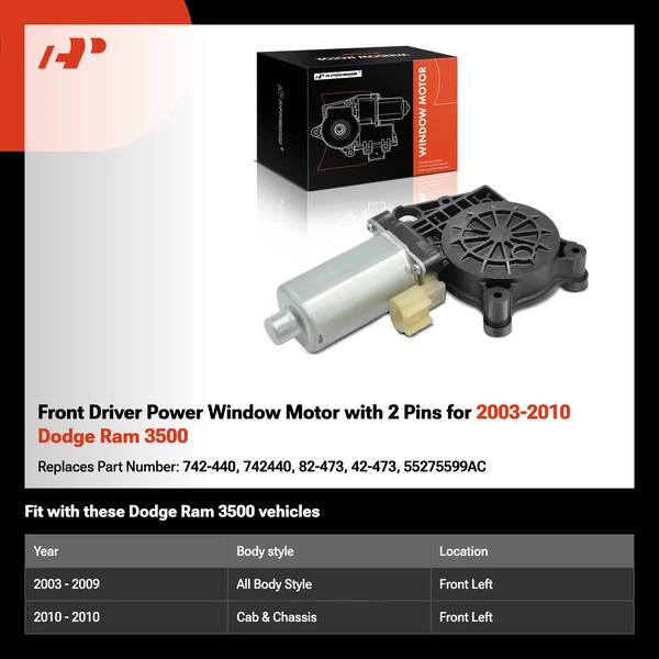 Front Driver Power Window Motor with 2 Pins for 2003-2010 Dodge Ram 3500
