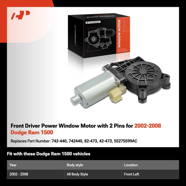 Front Driver Power Window Motor with 2 Pins for 2002-2008 Dodge Ram 1500