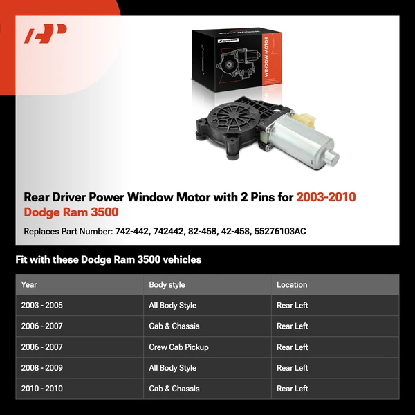 Rear Driver Power Window Motor with 2 Pins for 2003-2010 Dodge Ram 3500