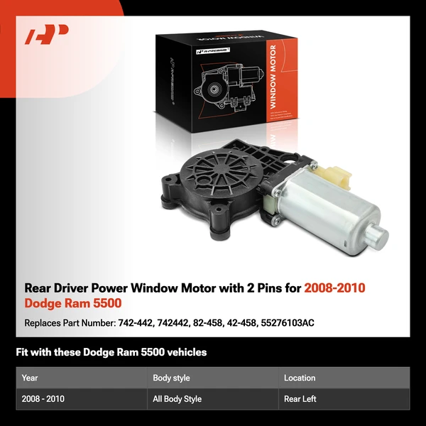 Rear Driver Power Window Motor with 2 Pins for 2008-2010 Dodge Ram 5500
