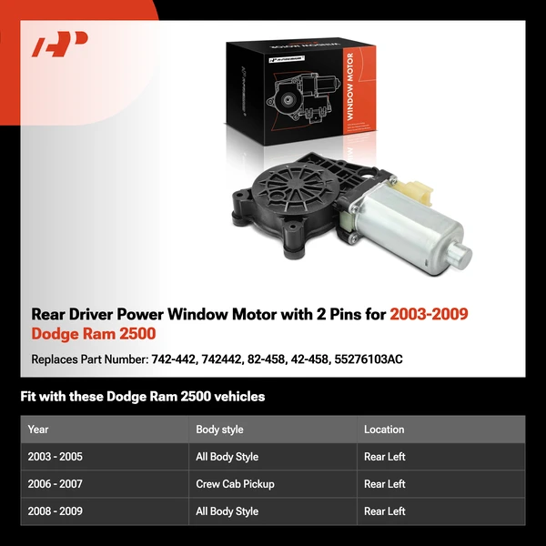 Rear Driver Power Window Motor with 2 Pins for 2003-2009 Dodge Ram 2500