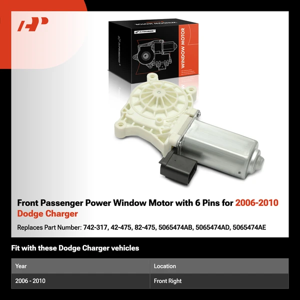 Front Passenger Power Window Motor with 6 Pins for 2006-2010 Dodge Charger
