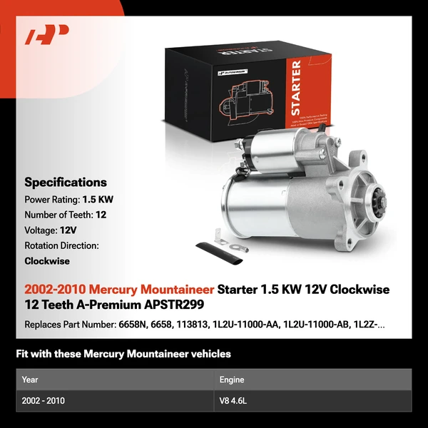 2002-2010 Mercury Mountaineer Starter 1.5 KW 12V Clockwise 12 Teeth A-Premium APSTR299