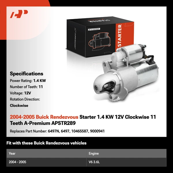 2004-2005 Buick Rendezvous Starter 1.4 KW 12V Clockwise 11 Teeth A-Premium APSTR289