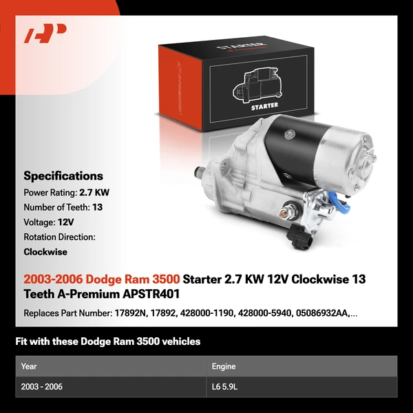 2003-2006 Dodge Ram 3500 Starter 2.7 KW 12V Clockwise 13 Teeth A-Premium APSTR401