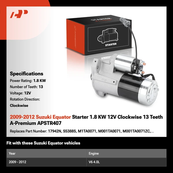 2009-2012 Suzuki Equator Starter 1.8 KW 12V Clockwise 13 Teeth A-Premium APSTR407