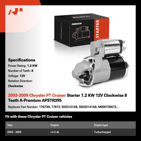 2003-2009 Chrysler PT Cruiser Starter 1.2 KW 12V Clockwise 8 Teeth A-Premium APSTR395