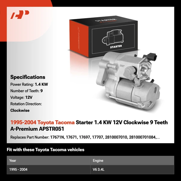 1995-2004 Toyota Tacoma Starter 1.4 KW 12V Clockwise 9 Teeth A-Premium APSTR051