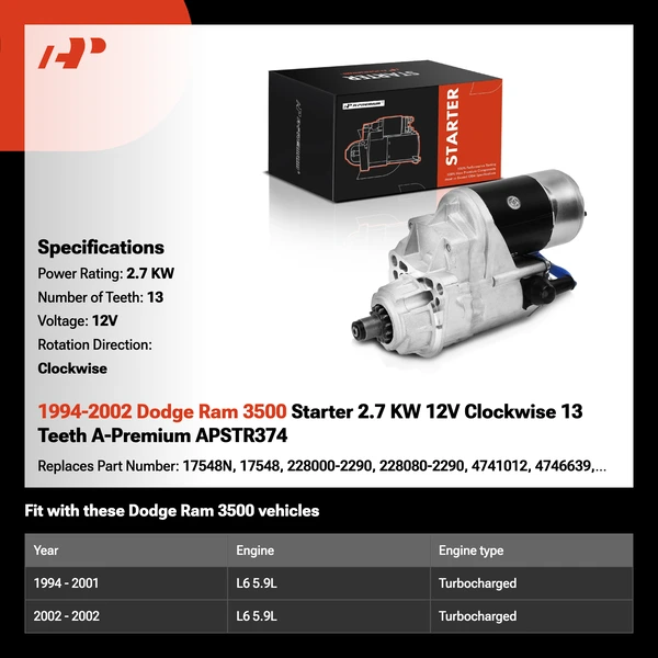 1994-2002 Dodge Ram 3500 Starter 2.7 KW 12V Clockwise 13 Teeth A-Premium APSTR374
