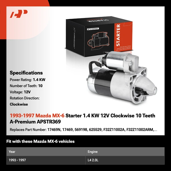 1993-1997 Mazda MX-6 Starter 1.4 KW 12V Clockwise 10 Teeth A-Premium APSTR369