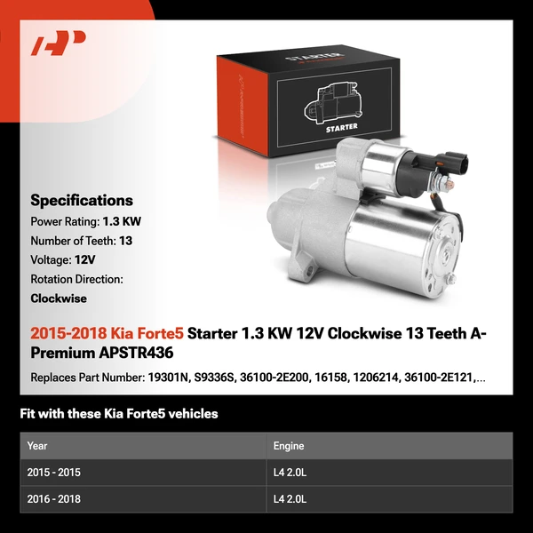 2015-2018 Kia Forte5 Starter 1.3 KW 12V Clockwise 13 Teeth A-Premium APSTR436