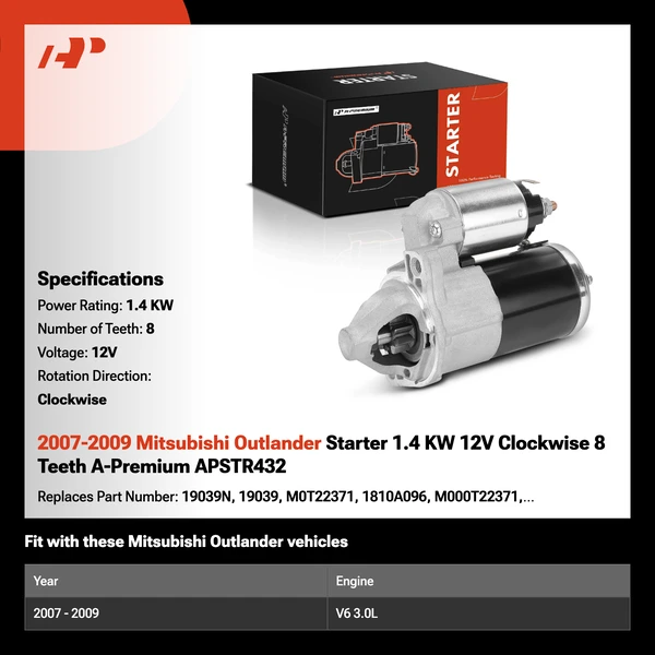 2007-2009 Mitsubishi Outlander Starter 1.4 KW 12V Clockwise 8 Teeth A-Premium APSTR432