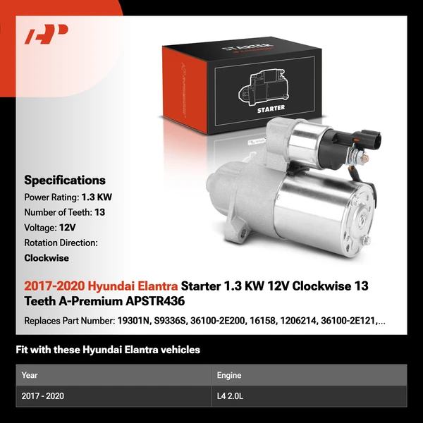 2017-2020 Hyundai Elantra Starter 1.3 KW 12V Clockwise 13 Teeth A-Premium APSTR436