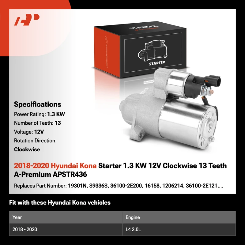 2018-2020 Hyundai Kona Starter 1.3 KW 12V Clockwise 13 Teeth A-Premium APSTR436