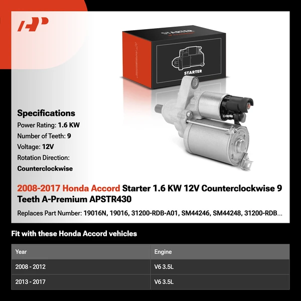 2008-2017 Honda Accord Starter 1.6 KW 12V Counterclockwise 9 Teeth A-Premium APSTR430