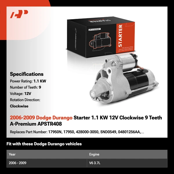 2006-2009 Dodge Durango Starter 1.1 KW 12V Clockwise 9 Teeth A-Premium APSTR408