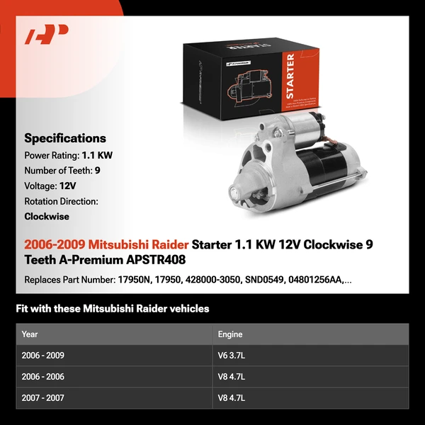 2006-2009 Mitsubishi Raider Starter 1.1 KW 12V Clockwise 9 Teeth A-Premium APSTR408