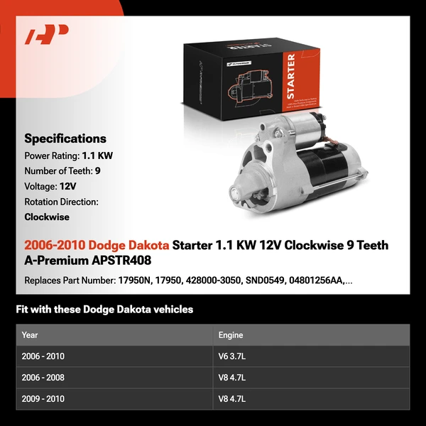2006-2010 Dodge Dakota Starter 1.1 KW 12V Clockwise 9 Teeth A-Premium APSTR408
