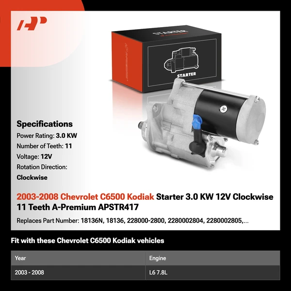 2003-2008 Chevrolet C6500 Kodiak Starter 3.0 KW 12V Clockwise 11 Teeth A-Premium APSTR417