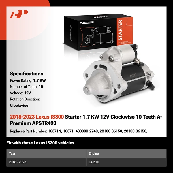 2018-2023 Lexus IS300 Starter 1.7 KW 12V Clockwise 10 Teeth A-Premium APSTR490