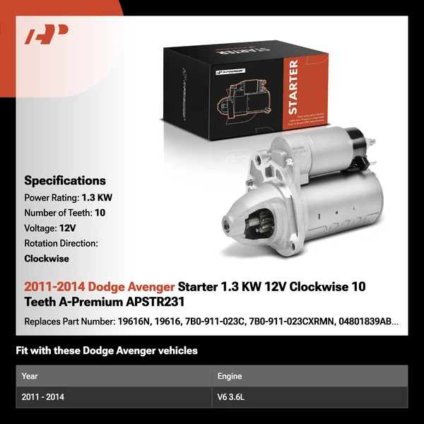 2011-2014 Dodge Avenger Starter 1.3 KW 12V Clockwise 10 Teeth A-Premium APSTR231