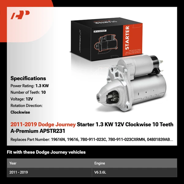 2011-2019 Dodge Journey Starter 1.3 KW 12V Clockwise 10 Teeth A-Premium APSTR231
