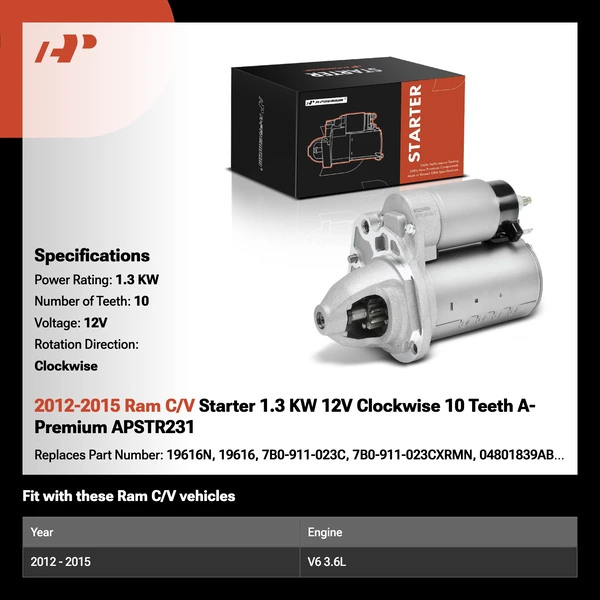 2012-2015 Ram C/V Starter 1.3 KW 12V Clockwise 10 Teeth A-Premium APSTR231