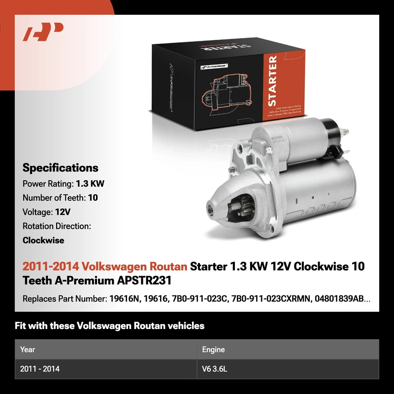 2011-2014 Volkswagen Routan Starter 1.3 KW 12V Clockwise 10 Teeth A-Premium APSTR231