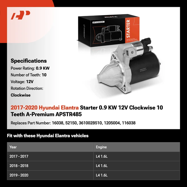 2017-2020 Hyundai Elantra Starter 0.9 KW 12V Clockwise 10 Teeth A-Premium APSTR485