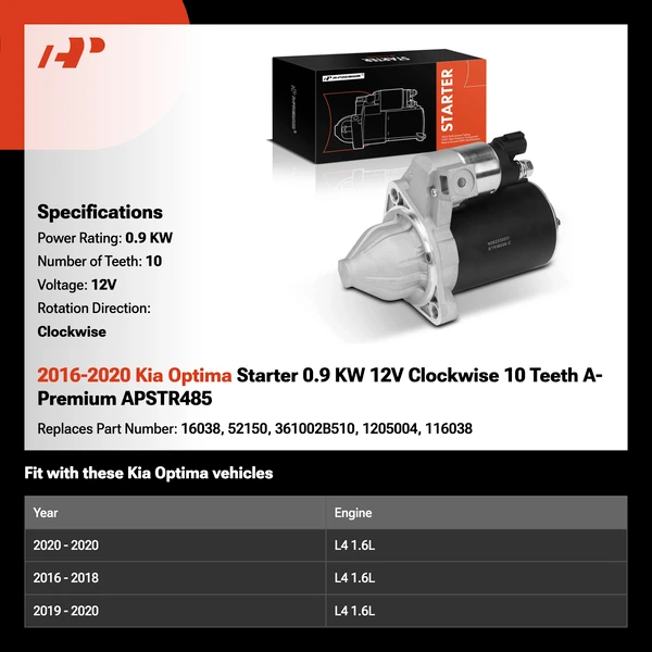 2016-2020 Kia Optima Starter 0.9 KW 12V Clockwise 10 Teeth A-Premium APSTR485