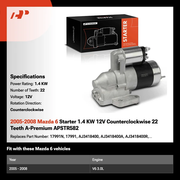 2005-2008 Mazda 6 Starter 1.4 KW 12V Counterclockwise 22 Teeth A-Premium APSTR582