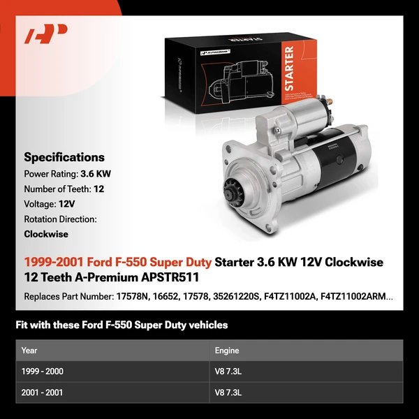 1999-2001 Ford F-550 Super Duty Starter 3.6 KW 12V Clockwise 12 Teeth A-Premium APSTR511