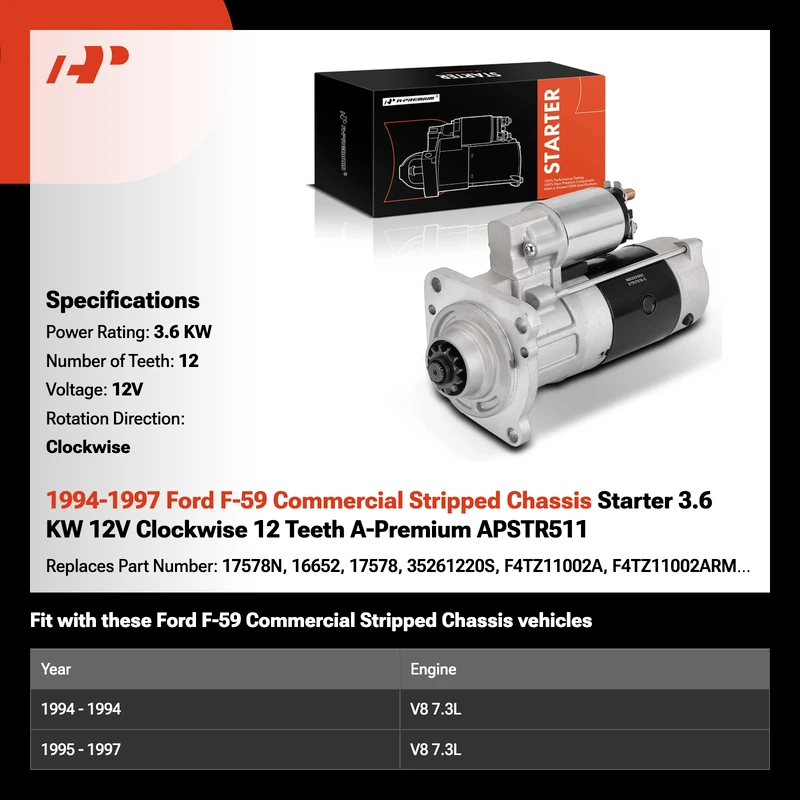 1994-1997 Ford F-59 Commercial Stripped Chassis Starter 3.6 KW 12V Clockwise 12 Teeth A-Premium APSTR511