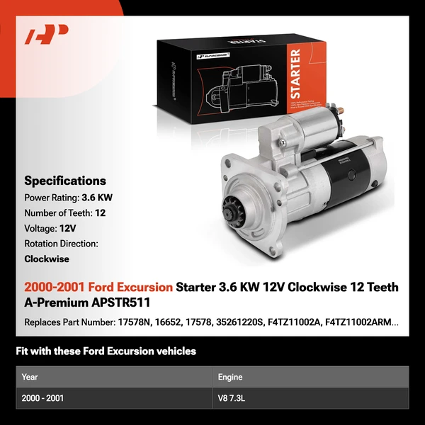 2000-2001 Ford Excursion Starter 3.6 KW 12V Clockwise 12 Teeth A-Premium APSTR511