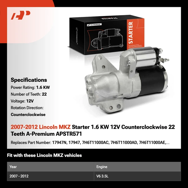 2007-2012 Lincoln MKZ Starter 1.6 KW 12V Counterclockwise 22 Teeth A-Premium APSTR571