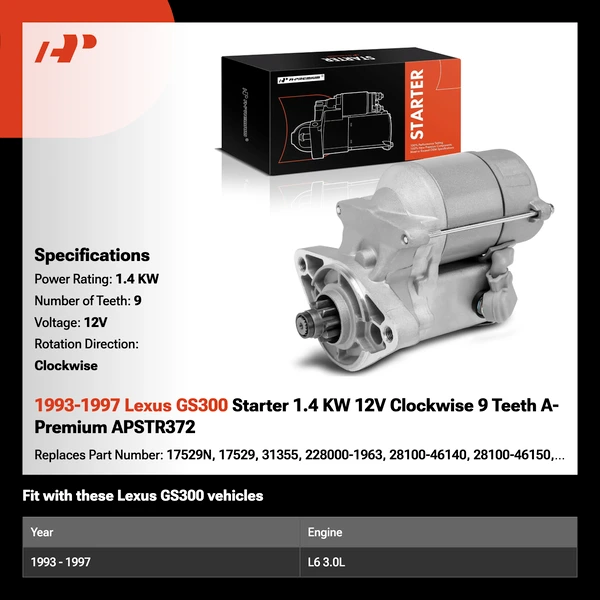 1993-1997 Lexus GS300 Starter 1.4 KW 12V Clockwise 9 Teeth A-Premium APSTR372