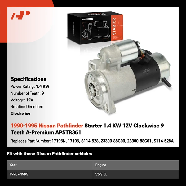 1990-1995 Nissan Pathfinder Starter 1.4 KW 12V Clockwise 9 Teeth A-Premium APSTR361