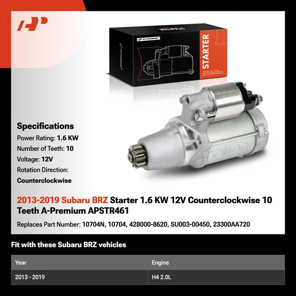 2013-2019 Subaru BRZ Starter 1.6 KW 12V Counterclockwise 10 Teeth A-Premium APSTR461