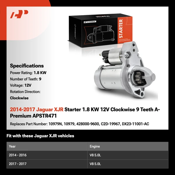 2014-2017 Jaguar XJR Starter 1.8 KW 12V Clockwise 9 Teeth A-Premium APSTR471