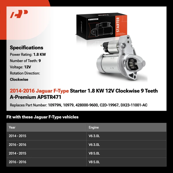 2014-2016 Jaguar F-Type Starter 1.8 KW 12V Clockwise 9 Teeth A-Premium APSTR471