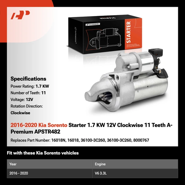 2016-2020 Kia Sorento Starter 1.7 KW 12V Clockwise 11 Teeth A-Premium APSTR482