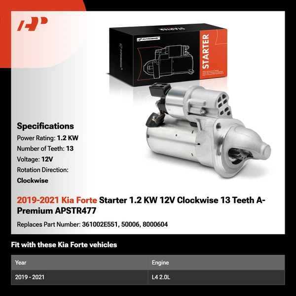 2019-2021 Kia Forte Starter 1.2 KW 12V Clockwise 13 Teeth A-Premium APSTR477