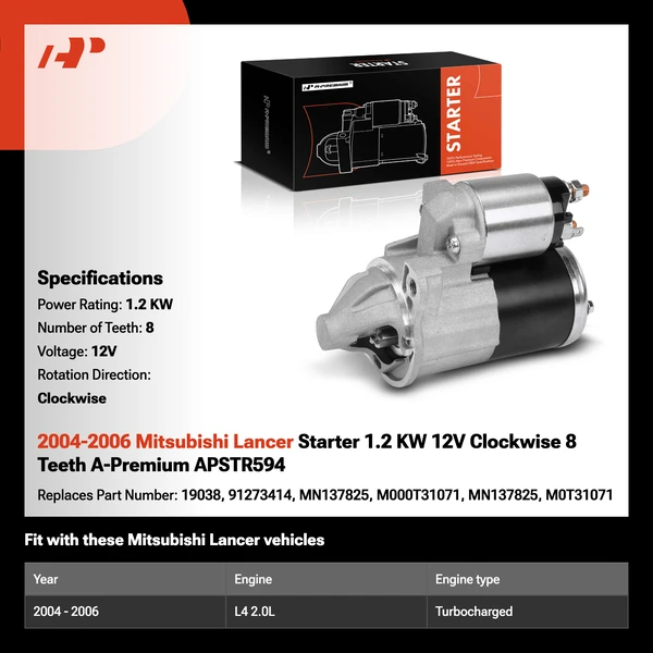 2004-2006 Mitsubishi Lancer Starter 1.2 KW 12V Clockwise 8 Teeth A-Premium APSTR594