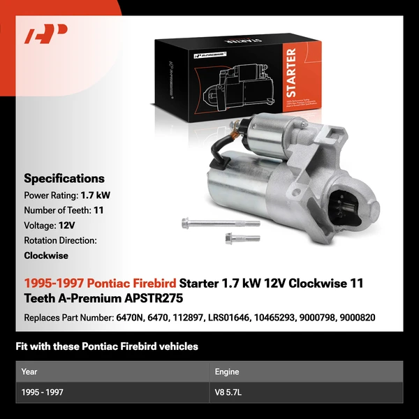 1995-1997 Pontiac Firebird Starter 1.7 kW 12V Clockwise 11 Teeth A-Premium APSTR275